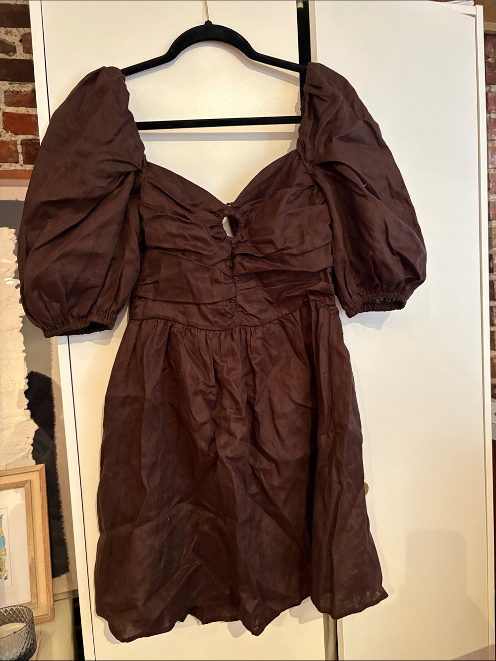 Chocolate Brown Puff-Sleeve Mini Dress with Keyhole. US 2 AU 6
